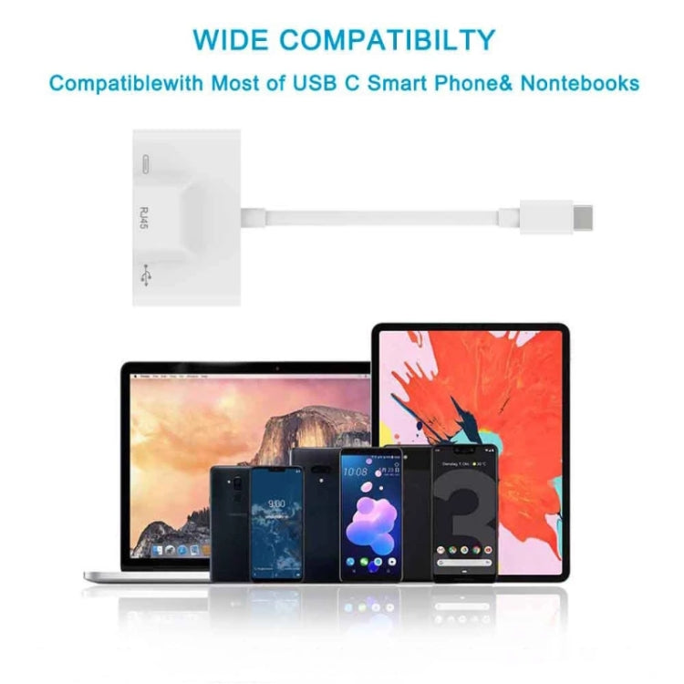 3 in 1 USB-C / Type-C Male to USB + 100M RJ45 Ethernet + Type-C Power Female Adapter, 3 in 1
