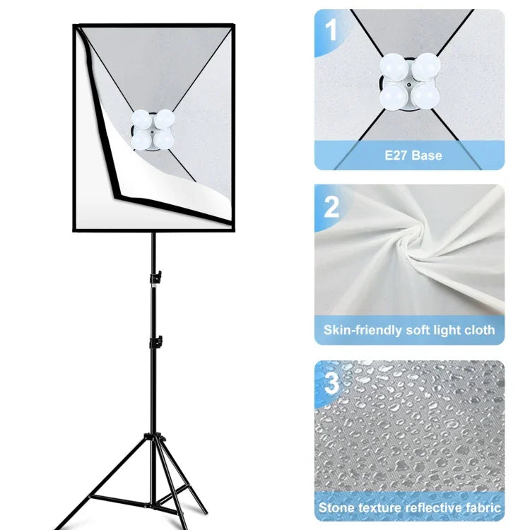 PULUZ 50x70cm Studio Softbox + 2m Tripod Mount + 4 x 220V E27 20W 5700K White Light LED Light Bulb Photography Lighting Kit, 4 x Bulb EU Plug, 4 x Bulb US Plug
