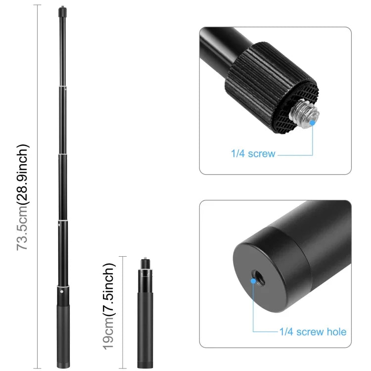 PULUZ 73.5cm Metal Selfie Stick Monopod with Invisible Adapter Base & Screw for Insta360 One RS / X2 / X3 / DJI Osmo 360, 70cm Monopod