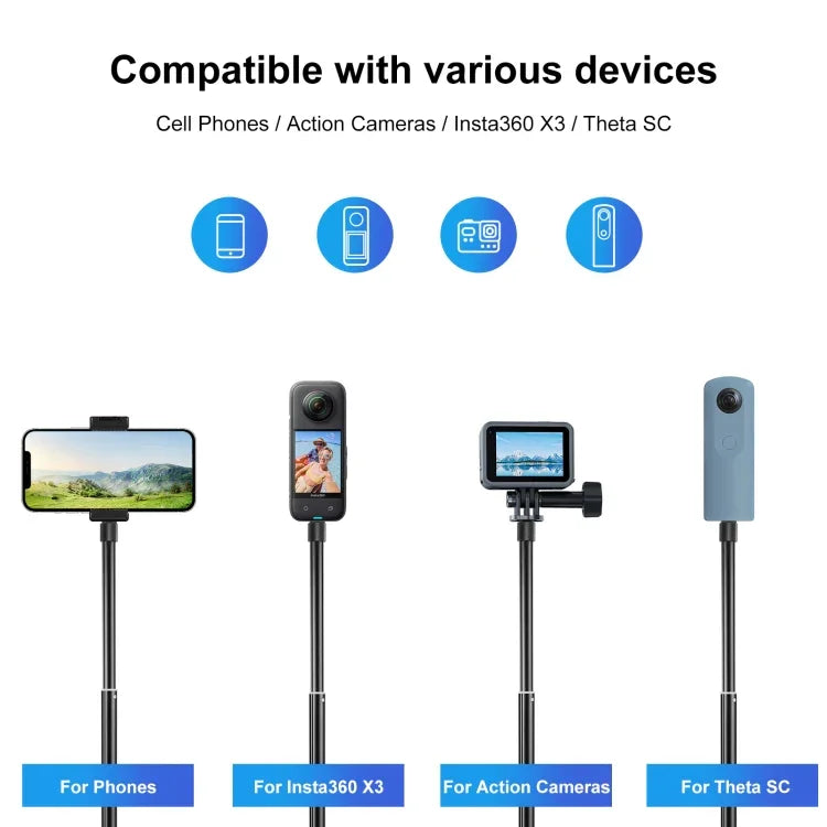 PULUZ 73.5cm Metal Selfie Stick Monopod with Invisible Adapter Base & Screw for Insta360 One RS / X2 / X3 / DJI Osmo 360, 70cm Monopod