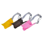 Cute duck silicone dog muzzle in pink, yellow, and brown, designed to prevent biting and barking.