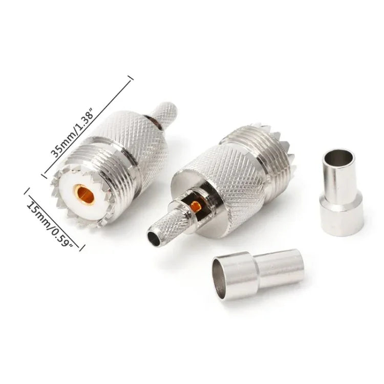 Two UHF female jack coaxial adapters with measurements, suitable for RF connections and cable types.