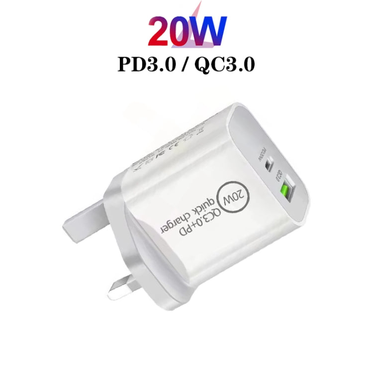 SDC-20WA+C 20W PD 3.0 + QC 3.0 USB Dual Fast Charging Universal Travel Charger with Micro USB to 8 Pin Fast Charging Data Cable, UK Plug, USB to 8 Pin (UK Plug)