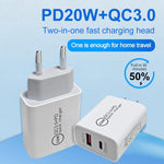 Dual Fast Charging 20W PD3.0+QC 3.0 Interface Travel Charger for iPhone, Huawei, Samsung, Xiaomi, EU Plug, US Plug, AU Plug