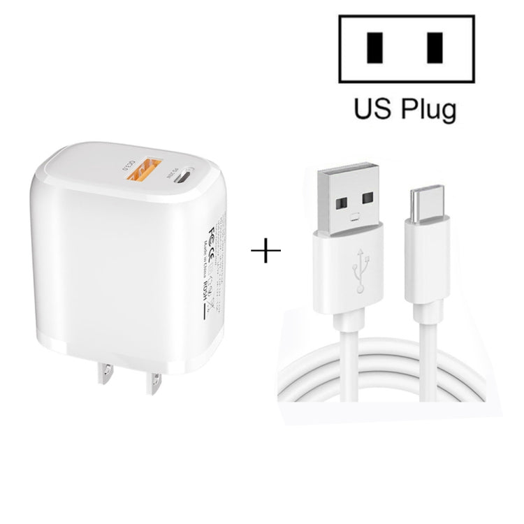CS-20W Mini Portable PD3.0 + QC3.0 Dual Ports Fast Charger with 3A USB to Type-C Data Cable, Charger + USB to Type-C Cable