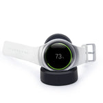 Samsung Gear Sport Charger Upgrade with charging dock, showing 73% battery charge on smartwatch.