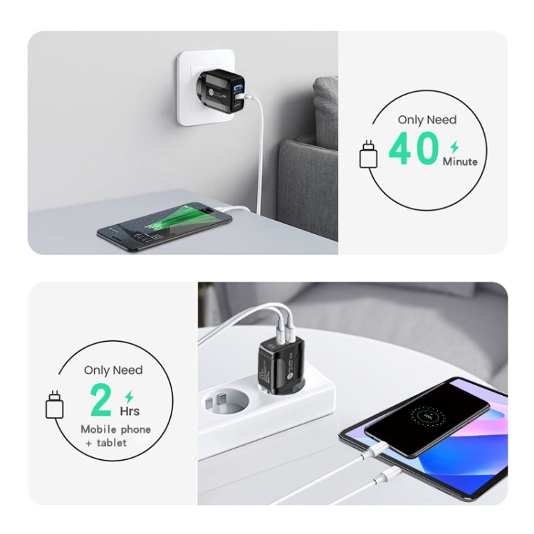 PD25W USB-C / Type-C + QC3.0 USB Dual Ports Fast Charger with USB-C to USB-C Data Cable, US Plug, US Plug + USB-C to USB-C Cable
