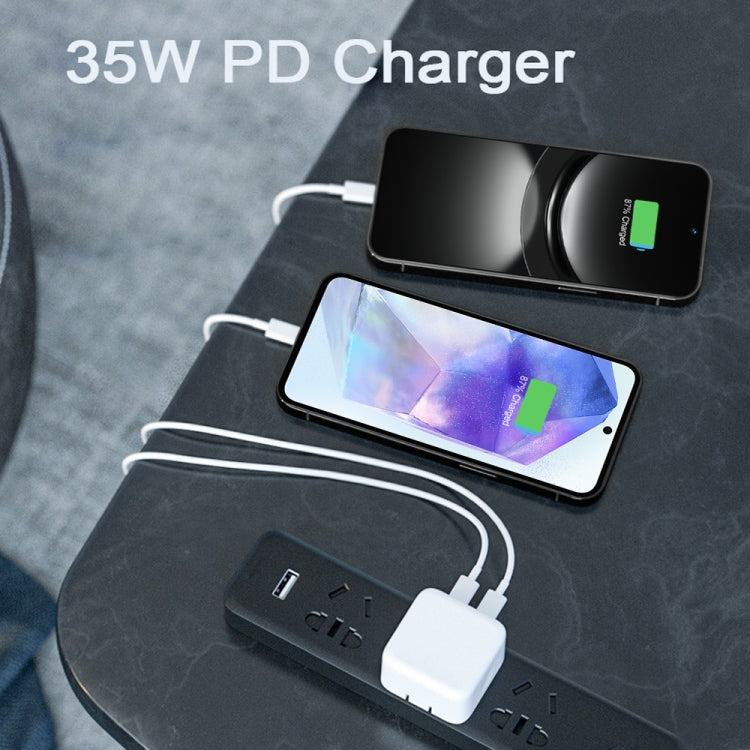 PD 35W Dual USB-C / Type-C Ports Charger with Type-C to Type-C Data Cable, US Plug, US Plug + 1m Dual Type-C Cable, US Plug + 2m Dual Type-C Cable