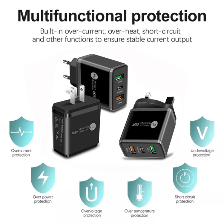 45W PD3.0 + 2 x QC3.0 USB Multi Port Charger with Type-C to 8 Pin Cable, EU Plug, EU Plug + Type-C to 8 Pin Cable