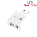 45W PD25W + 2 x QC3.0 USB Multi Port Charger with USB to Micro USB Cable, EU Plug, EU Plug + USB to Micro USB Cable