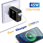45W PD25W + 2 x QC3.0 USB Multi Port Charger with USB to Micro USB Cable, EU Plug, EU Plug + USB to Micro USB Cable
