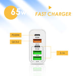65W Dual PD Type-C + 3 x USB Multi Port Charger with 3A Type-C to 8 Pin Data Cable, EU Plug, EU Plug + Type-C to 8 Pin Cable