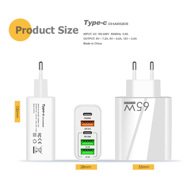 65W Dual PD Type-C + 3 x USB Multi Port Charger with 3A Type-C to 8 Pin Data Cable, EU Plug, EU Plug + Type-C to 8 Pin Cable