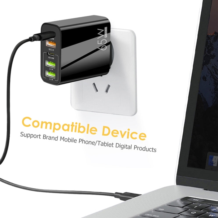 65W Dual PD Type-C + 3 x USB Multi Port Charger with 3A Type-C to 8 Pin Data Cable, EU Plug, EU Plug + Type-C to 8 Pin Cable