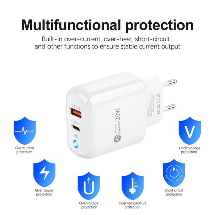 PD04 Type-C + USB Mobile Phone Charger with Type-C to Type-C Cable, EU Plug, EU Plug + Type-C to Type-C Cable