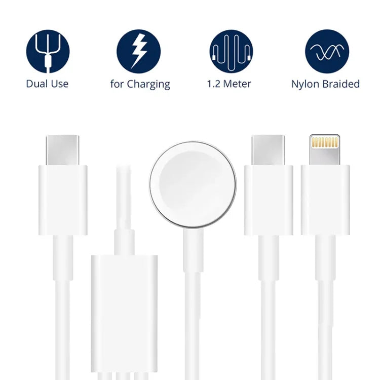 For Apple Watch Series & Phone with Dual Type-C Plug 3 in 1 USB Magnetic Charging Cable 4ft/1.2m, DS-XB020