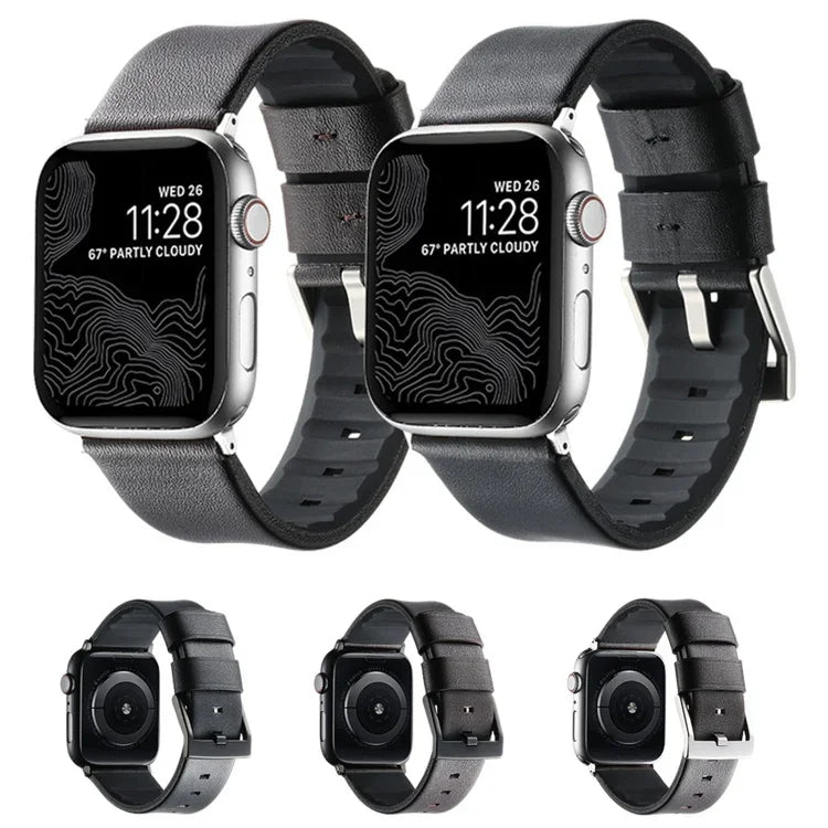 Genuine Leather Hybrid Silicone Watch Band, For Apple Watch Series 10 46mm, For Apple Watch Series 10 42mm, For Apple Watch SE 2023 44mm, For Apple Watch SE 2023 40mm, For Apple Watch Ultra 2 49mm, For Apple Watch Series 9 45mm                         ...