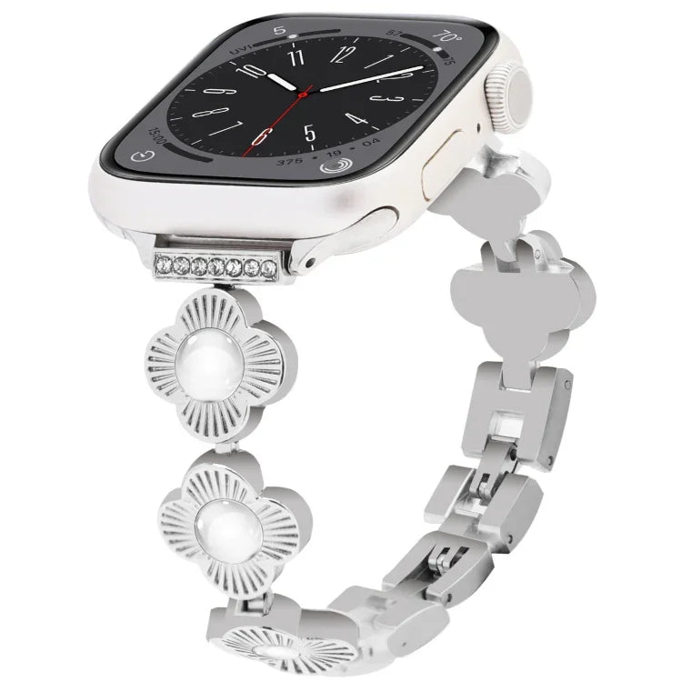 Four Leaf Clover Quick-Release Metal Chain Watch Band, For Apple Watch SE 2023 44mm, For Apple Watch SE 2023 40mm, For Apple Watch Ultra 2 49mm, For Apple Watch Series 9 45mm, For Apple Watch Series 9 41mm, For Apple Watch Ultra 49mm                   ...