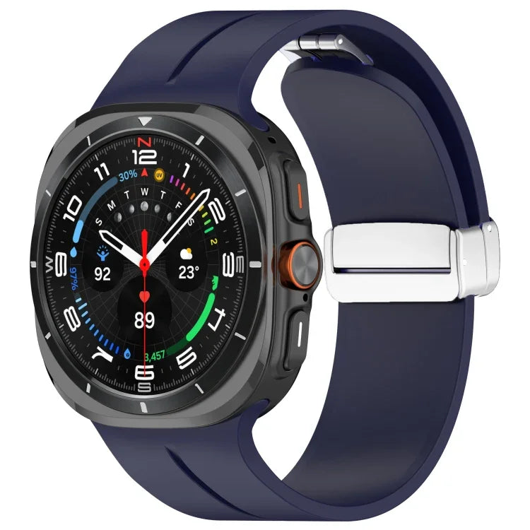For Samsung Galaxy Watch Ultra 47mm / Ultra 2025 Groove Magnetic Folding Silver Buckle Silicone Watch Band