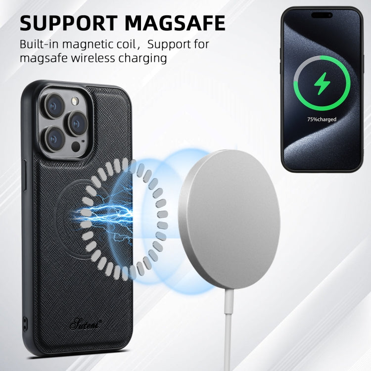 Suteni H18 Cross Grain MagSafe Wallet Leather Phone Case, For iPhone 14, For iPhone 14 Pro, For iPhone 14 Pro Max, For iPhone 13 Pro Max, For iPhone 13 Pro, For iPhone 13, For iPhone 12, For iPhone 12 Pro Max, For iPhone 12 Pro