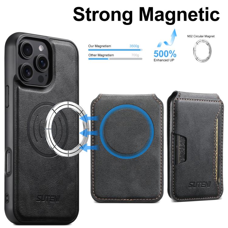 Suteni M3 Card Bag MagSafe Cowhide Texture Leather Phone Case, For iPhone 14, For iPhone 14 Pro, For iPhone 14 Pro Max, For iPhone 13 Pro Max, For iPhone 13 Pro, For iPhone 13, For iPhone 12, For iPhone 12 Pro Max, For iPhone 12 Pro