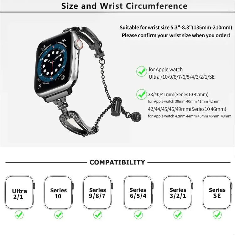U-Shaped Diamond Bracelet Zinc Alloy Watch Band, For Apple Watch 46mm / 49mm / 45mm / 44mm, For Apple Watch 42mm / 41mm / 40mm / 38mm