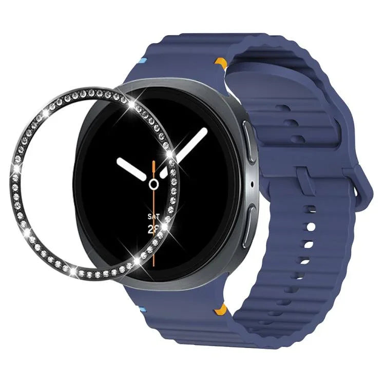 Diamond Bezel and Wavy Grain Stitched Color Buckle Silicone Watch Band, For Samsung Galaxy Watch8 44mm, For Samsung Galaxy Watch8 40mm
