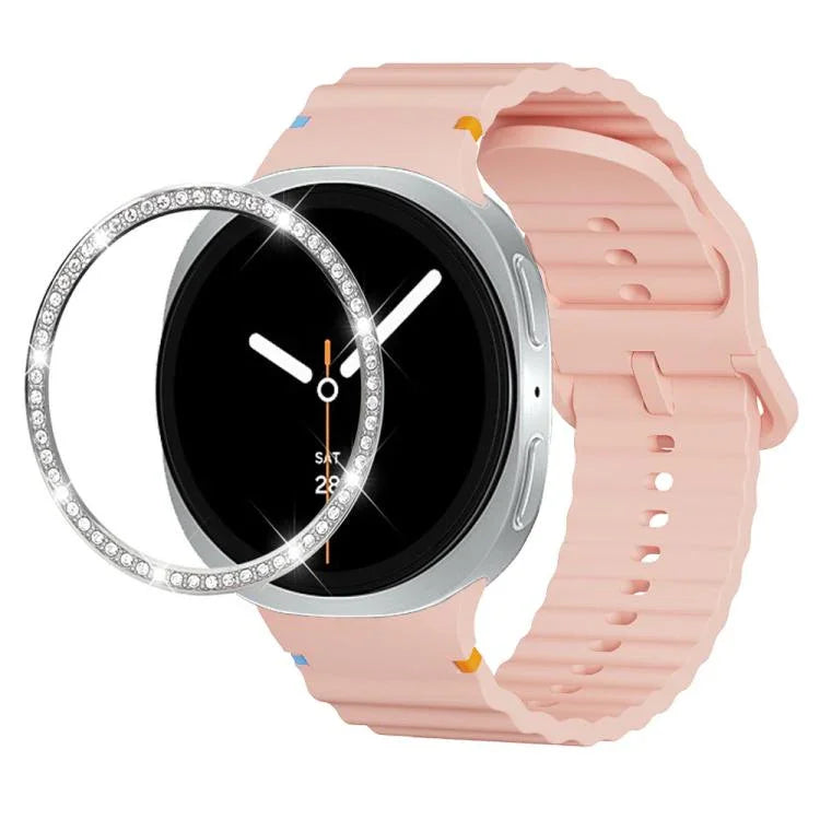Diamond Bezel and Wavy Grain Stitched Color Buckle Silicone Watch Band, For Samsung Galaxy Watch8 44mm, For Samsung Galaxy Watch8 40mm