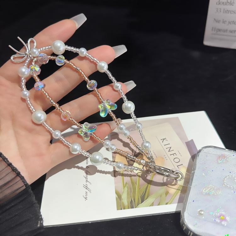 Butterfly Dream Pearl Whisper Iridescent Double-Layer Phone Chain, Crystal Style, Pearl Style
