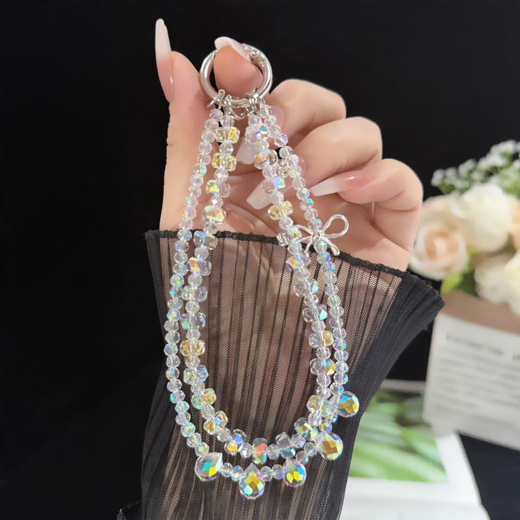 Sparkly Alloy Bow Crystal Double-Layer Phone Chain, Oval Crystal, Cushion Round Crystal, Wheel Crystal, Cube Sugar Crystal, Flower Ball Crystal, Strawberry Crystal