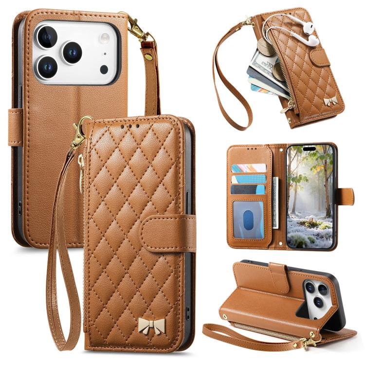 Rhombic Texture Zipper Wallet Metal Bow-knot Vegan Leather Phone Case with Strap, For iPhone 17 Pro Max, For iPhone 17 Pro, For iPhone 17, For iPhone Air, For  iPhone 16 Pro Max, For iPhone 16 Pro, For iPhone 16 Plus, For iPhone 16, For iPhone 15 Pro Max