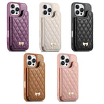 Mirror Rhombic Texture Metal Bow-knot Vegan Leather Card Bag Phone Case, For iPhone 17 Pro Max, For iPhone 17 Pro, For iPhone 17, For iPhone 16 Pro Max, For iPhone 16 Pro, For iPhone 16 Plus, For iPhone 16