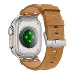 Crazy Horse Vegan Leather Stainless Steel Silver Buckle Watch Band, For Apple Watch 46mm / 49mm / 45mm / 44mm