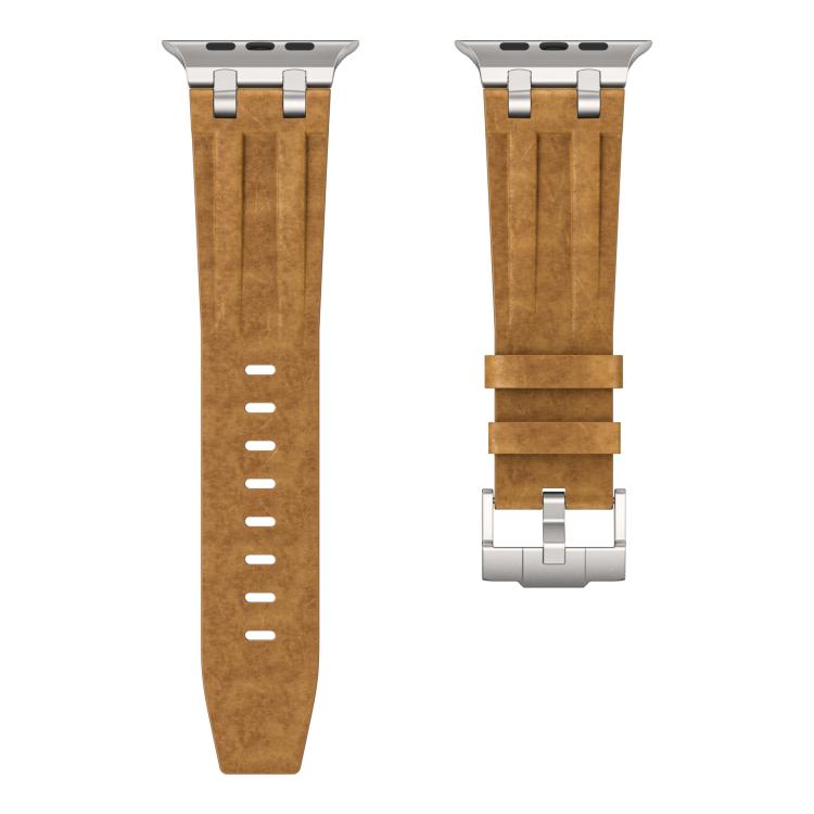 Crazy Horse Vegan Leather Stainless Steel Silver Buckle Watch Band, For Apple Watch 46mm / 49mm / 45mm / 44mm