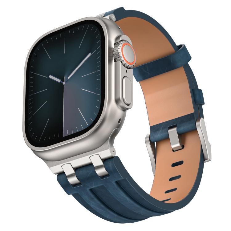 Crazy Horse Vegan Leather Stainless Steel Silver Buckle Watch Band, For Apple Watch 46mm / 49mm / 45mm / 44mm