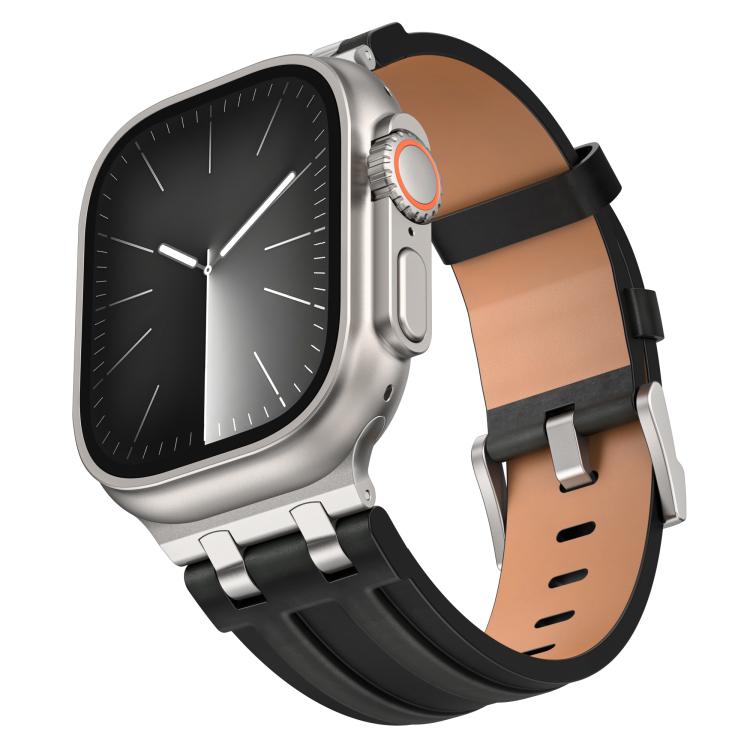 Crazy Horse Vegan Leather Stainless Steel Silver Buckle Watch Band, For Apple Watch 46mm / 49mm / 45mm / 44mm