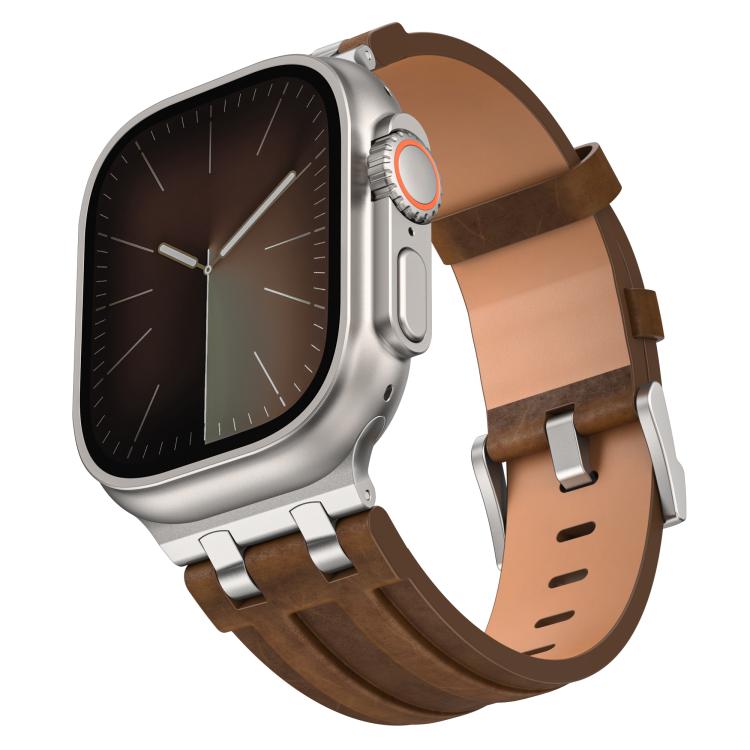 Crazy Horse Vegan Leather Stainless Steel Silver Buckle Watch Band, For Apple Watch 46mm / 49mm / 45mm / 44mm