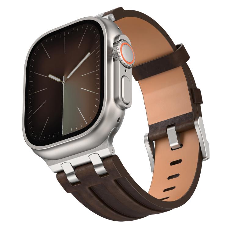Crazy Horse Vegan Leather Stainless Steel Silver Buckle Watch Band, For Apple Watch 46mm / 49mm / 45mm / 44mm