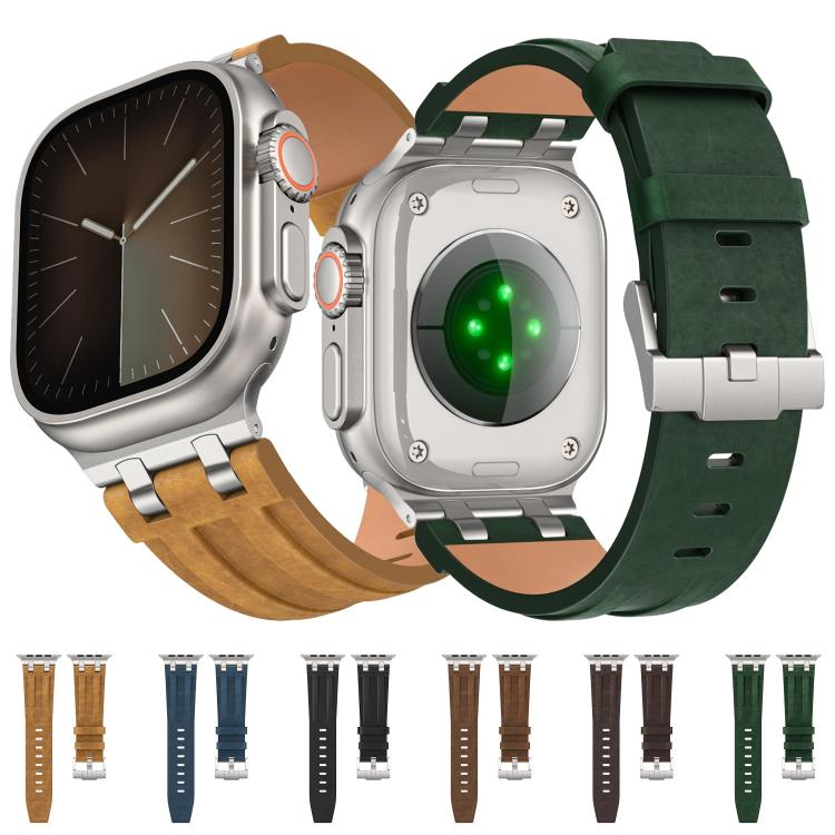 Crazy Horse Vegan Leather Stainless Steel Silver Buckle Watch Band, For Apple Watch 46mm / 49mm / 45mm / 44mm