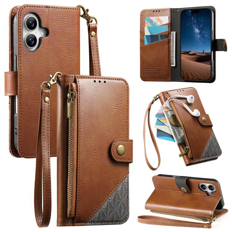 Splicing Zipper Wallet Vegan Leather Phone Case with Strap, For iPhone 17 Pro Max, For iPhone 17 Pro, For iPhone 17, For iPhone Air, For iPhone 16 Pro Max, For iPhone 16 Pro, For iPhone 16 Plus, For iPhone 16