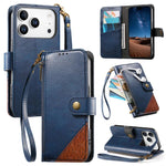 Splicing Zipper Wallet Vegan Leather Phone Case with Strap, For iPhone 17 Pro Max, For iPhone 17 Pro, For iPhone 17, For iPhone Air, For iPhone 16 Pro Max, For iPhone 16 Pro, For iPhone 16 Plus, For iPhone 16