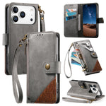 Splicing Zipper Wallet Vegan Leather Phone Case with Strap, For iPhone 17 Pro Max, For iPhone 17 Pro, For iPhone 17, For iPhone Air, For iPhone 16 Pro Max, For iPhone 16 Pro, For iPhone 16 Plus, For iPhone 16