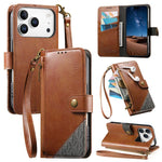 Splicing Zipper Wallet Vegan Leather Phone Case with Strap, For iPhone 17 Pro Max, For iPhone 17 Pro, For iPhone 17, For iPhone Air, For iPhone 16 Pro Max, For iPhone 16 Pro, For iPhone 16 Plus, For iPhone 16