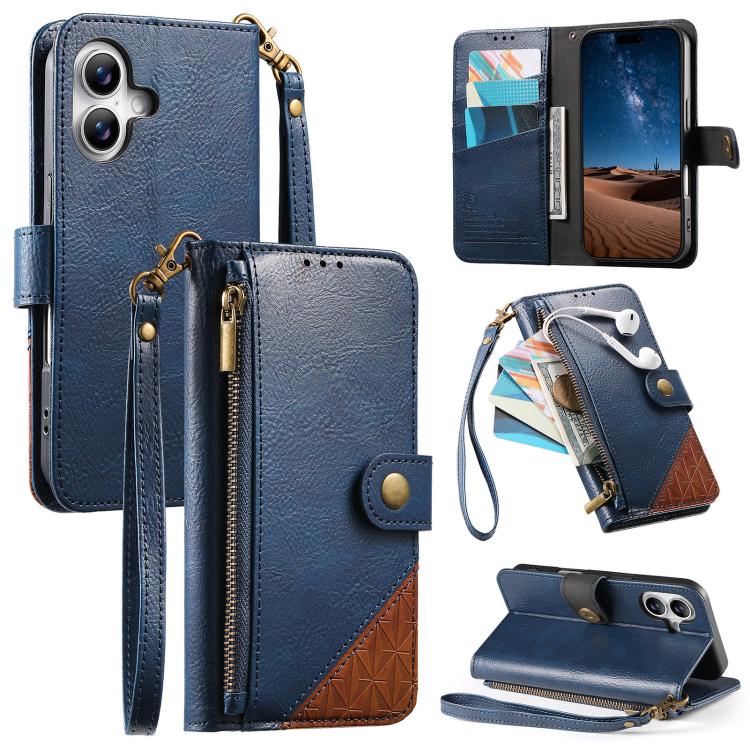 Splicing Zipper Wallet Vegan Leather Phone Case with Strap, For iPhone 17 Pro Max, For iPhone 17 Pro, For iPhone 17, For iPhone Air, For iPhone 16 Pro Max, For iPhone 16 Pro, For iPhone 16 Plus, For iPhone 16