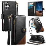 Splicing Zipper Wallet Vegan Leather Phone Case with Strap, For iPhone 17 Pro Max, For iPhone 17 Pro, For iPhone 17, For iPhone Air, For iPhone 16 Pro Max, For iPhone 16 Pro, For iPhone 16 Plus, For iPhone 16