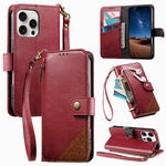 Splicing Zipper Wallet Vegan Leather Phone Case with Strap, For iPhone 17 Pro Max, For iPhone 17 Pro, For iPhone 17, For iPhone Air, For iPhone 16 Pro Max, For iPhone 16 Pro, For iPhone 16 Plus, For iPhone 16
