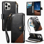 Splicing Zipper Wallet Vegan Leather Phone Case with Strap, For iPhone 17 Pro Max, For iPhone 17 Pro, For iPhone 17, For iPhone Air, For iPhone 16 Pro Max, For iPhone 16 Pro, For iPhone 16 Plus, For iPhone 16
