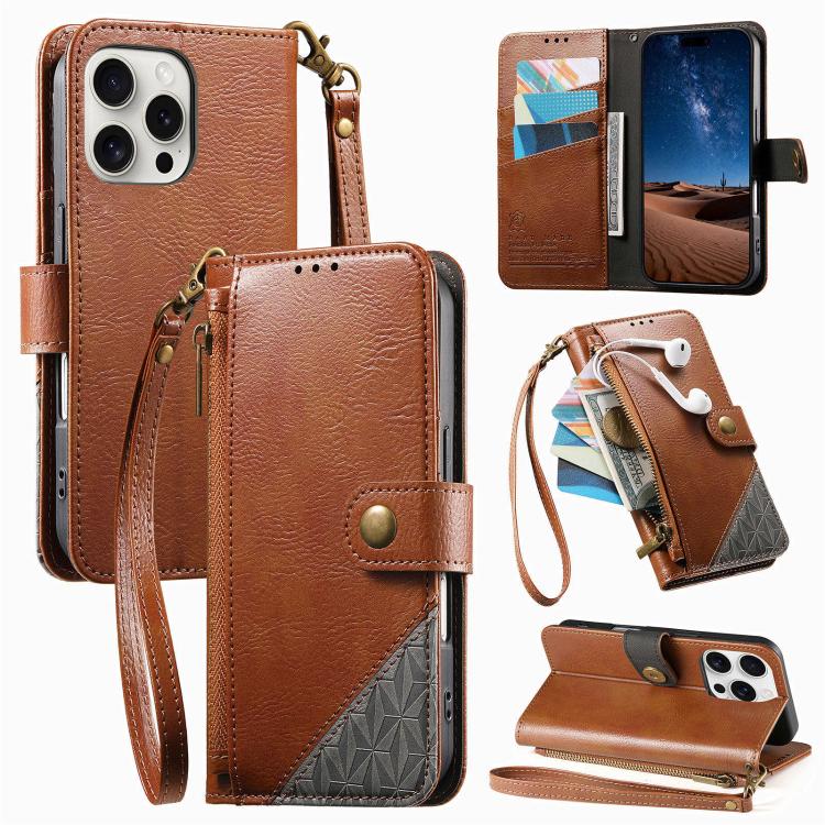 Splicing Zipper Wallet Vegan Leather Phone Case with Strap, For iPhone 17 Pro Max, For iPhone 17 Pro, For iPhone 17, For iPhone Air, For iPhone 16 Pro Max, For iPhone 16 Pro, For iPhone 16 Plus, For iPhone 16
