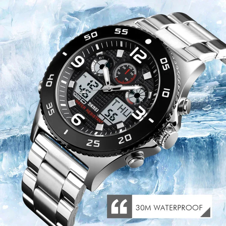 SKMEI 1538 Multi-Function Time Large Dial Steel Belt Men  Casual Sports Electronic Watch