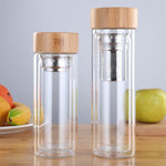 Glass Water Tea Bottles with Infuser Bamboo Lid Double Wall Brief Portable Outdoor Bottle, 350ML, 450ML